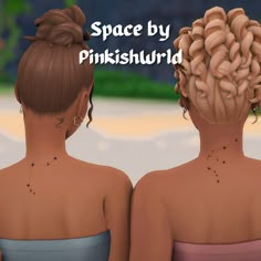 the back of two women's heads are shown with space by pinkishruld