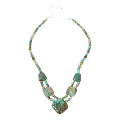 Jay King Multicolor Sacred Cloud Mountain Turquoise 18" Necklace  This bold, multicolored turquoise necklace design features stones from a small mining operation in Northwestern China. Its unique color patterns give this exquisite, handcrafted piece a chic, organic look that's sure to set you apart from the crowd! From Jay King.       Approx. 18"L x 1-7/16"W with 2-3/4" extender     Drop approx. 1"L x 1"W     Stamped .925     Hook closure     Turquoise drape has three cushion-shaped and two bell-shaped stone stations      Stations connected by two rows of nugget-shaped beads     Single strand of nugget-shaped beads complete necklace   Stone Information       All sizes and weights approximate     Stabilized Multicolor Sacred Cloud Mountain Turquoise - Cushion (21x21mm to 30x30mm), freeform King Jewelry, Turquoise Cushions, Cloud Mountain, Chalcedony Necklace, Jewelry King, Chalcedony Stone, Turquoise Bead Necklaces, Necklace Display, Jewelry Antique