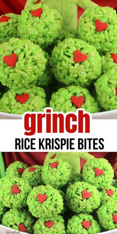 green rice krispie bites with hearts on them in a bowl and the words grin