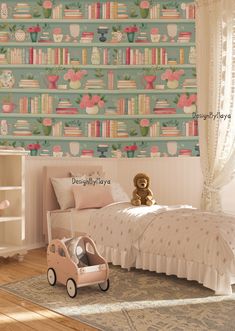 a child's bedroom with bookshelves and toys