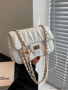 BagForLove - Quilted Twist Lock Chain Mini Bag with Square Design - Stylish and Compact Lock Chain, Word Wrap, Bag Bag, Square Quilt, Square Bag, Square Design, Chain Strap, Mini Bag, Color White