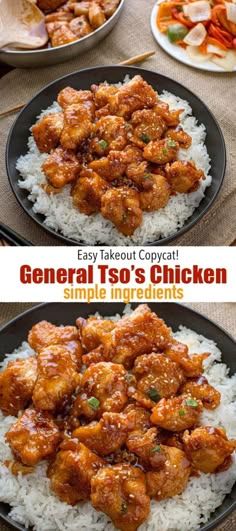 two pictures of general tso's chicken on rice