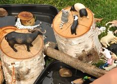 a black tray filled with fake animals and logs