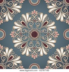 an abstract floral design with swirls and dots on a blue, beige and red background