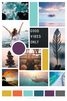 a collage of photos with the words good vibes only on it and various images