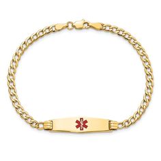 14k yellow gold medical soft diamond shape red enamel curb ID bracelet. Measures approximately 1/8 of an inch in width and has a lobster claw clasp. 14k Gold Red Engraved Jewelry, Red 14k Gold Engraved Jewelry, Red Engraved 14k Gold Jewelry, Classic Red Enamel Jewelry, Hypoallergenic 14k Gold Red Jewelry, Red Rectangular 14k Gold Jewelry, Rectangular Red 14k Gold Jewelry, Gold Gemstone Necklace, Luxury Sale