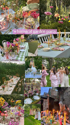 a collage of photos with flowers, candles and people in formal dress at a garden party