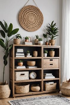 a living room with plants and baskets on the shelf next to an area rug in front of it