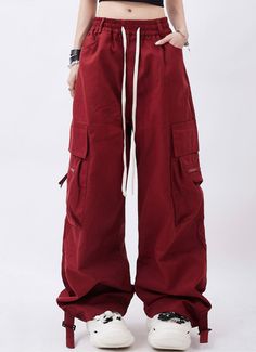 Loose Drawstring Casual Wide Pants - chiclara Dark Red Cargo Pants, Red Sweat Pants Outfits, Red Clothes Outfits, Red Comfy Outfit, Baggy Red Pants, Red Black White Outfit, Red Clothes Aesthetic, Red Cargo Pants Outfit, Red Cargo Pants