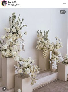 three vases with white flowers are sitting on the steps in front of a wall