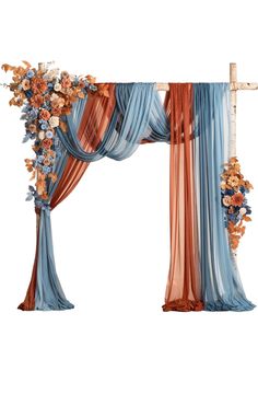 a blue and orange wedding arch with flowers on the top, hanging from it's sides