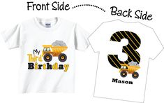 two birthday shirts with trucks on them and the number three in black, white, and yellow