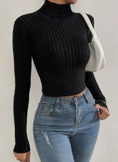 Tops For Winter Long Sleeve, Casual Sweater Outfits Woman, Cute Outfits Everyday, Basic Black Top Outfit, Long Sleeve Black Top Outfit, Shein Tops Outfit, Winter Tops For Women Long Sleeve, Black Basic Outfit, Basic Casual Outfits