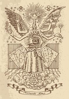 an image of the angel with two hands on his chest, surrounded by other symbols