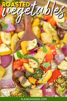 roasted vegetables on a wooden spoon in a casserole dish with text overlay