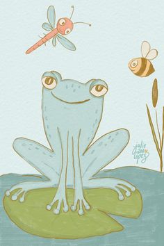 a frog sitting on top of a lily pad with a dragon flying in the background