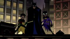 batman and robin wayne standing on top of a building in the animated movie, batgirl