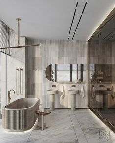 a large bathroom with marble walls and flooring