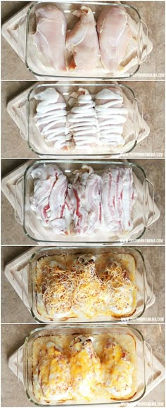 four glass casserole dishes filled with different types of baked goods and meats