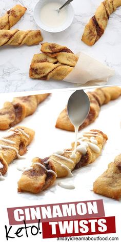 cinnamon twists are being drizzled with icing