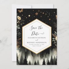 save the date card with black and white trees, stars and glitters on it