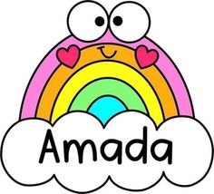 the word amada is written in front of a rainbow and clouds with hearts on it