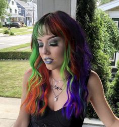 Orange Purple Green Black Hair, Orange Purple Green Hair, Halloween Split Dye, Halloween Inspired Hair Color, Halloween Colored Hair, Halloween Dyed Hair, Halloween Hair Dye Ideas