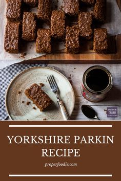 yorkshire parkin recipe on a plate next to a cup of coffee and spoons