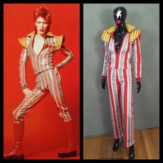 two mannequins dressed in different styles of clothing, one is wearing a striped suit