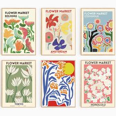 four flower market posters in different colors and sizes, each with an image of flowers on them