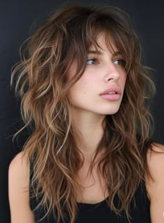 Shag Hairstyles Balayage, Hair Color For Shag Haircut, California Shag Haircut, Women’s Long Hair Shag, Choppy Layers For Long Hair Curly, Long Shaggy Haircut For Fine Hair, Long Shag Haircut Choppy Layers Curly, Shag Hairstyles Long Bangs, Long Shag Hairstyles For Fine Hair