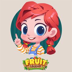 a girl with red hair and blue eyes is pointing at the fruit legend game logo