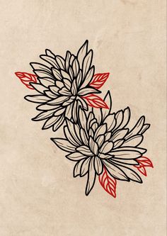 a drawing of some flowers on a piece of paper with red and black lines in the middle