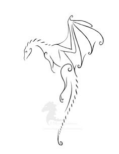 a black and white drawing of a dragon with its wings spread out, on a white background