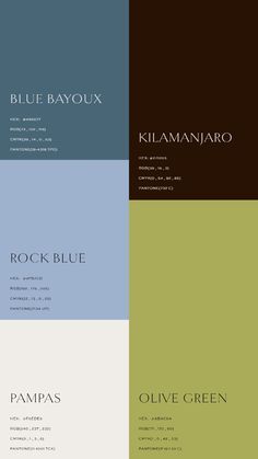 four different colors are shown in the same font and color scheme, each with their own name