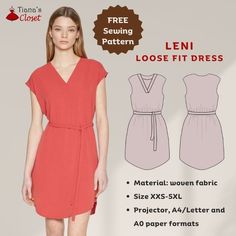 a women's dress sewing pattern with the front and side views showing it in different colors