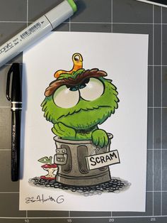 a drawing of a cartoon character with a scram on it