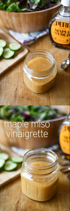 the ingredients to make maple miso vinaigrete are shown in separate images