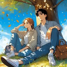 a man and woman sitting under a tree with their arms around each other's shoulders