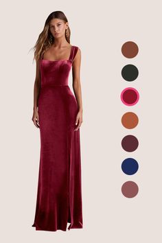 a woman in a long velvet dress with different colors and shapes to choose from, including the