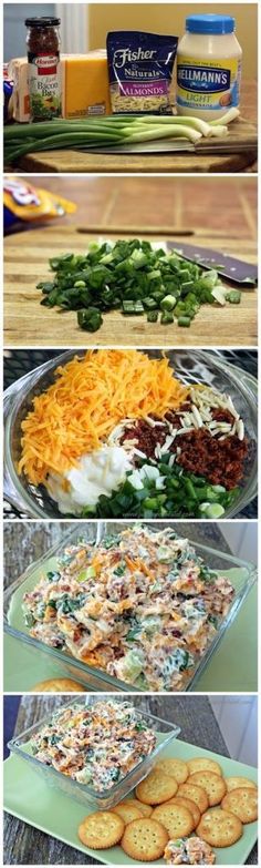 four different views of food on plates with cheese and other foods in the background, including crackers