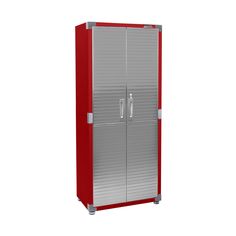 a red and silver refrigerator freezer sitting on top of a white floor next to a wall