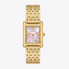 Clean-lined and elegant. The Eleanor watch features a blush mother of pearl dial with three-hand movement. Crafted in gold-tone stainless steel with a classic link bracelet. Elegant Gold-tone Watch With Round Dial, Classic Pink Watch With Rectangular Dial, Classic Pink Watches With Rectangular Dial, Timeless Gold-tone Formal Watch, Classic Pink Watch For Formal Occasions, Classic Pink Gold Watch With Subdials, Classic Gold-tone Watch With Round Dial, Classic Pink Gold Watches With Diamond Hour Markers, Classic Pink Gold Watch For Formal Occasions