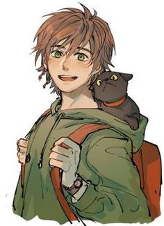 a person with glasses and a cat on their shoulders, holding a backpack in his arms