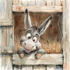 a donkey looking out the window of an old wooden building with grass in it's mouth