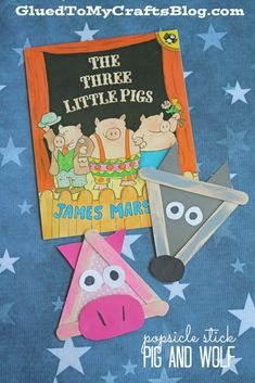 the three little pigs are featured in this paper cutout book cover with stars and blue background