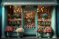 an image of a flower shop with flowers in the window