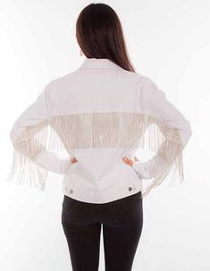 White Denim Jacket with Rhinestone Fringe by Scully. This classic jean jacket features a new twist with added long fringe across the back and sleeves. It has a button front, two chest flap pockets and two lower vertical side entry pockets. Machine wash cold gentle cycle with like colors and tumble dry low. Perfect western style jacket for any cowgirl. Color: White Flat rate shipping of $14 applies to leather coats and jackets. American West Handbags, Belt Buckle Jewelry, Denim Rhinestone, Flannel Vest, Jacket Collection, Leather Coats, Rhinestone Fringe, Ranch Wear, Leather Company