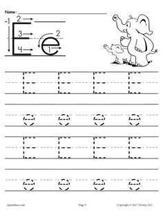 the letter e worksheet with an elephant and letters to be written on it