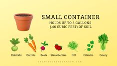 small container holds up to 8 gallons 46 cubic feet of soil, including carrots, beets, broccoli, celery, turnip, and cucum